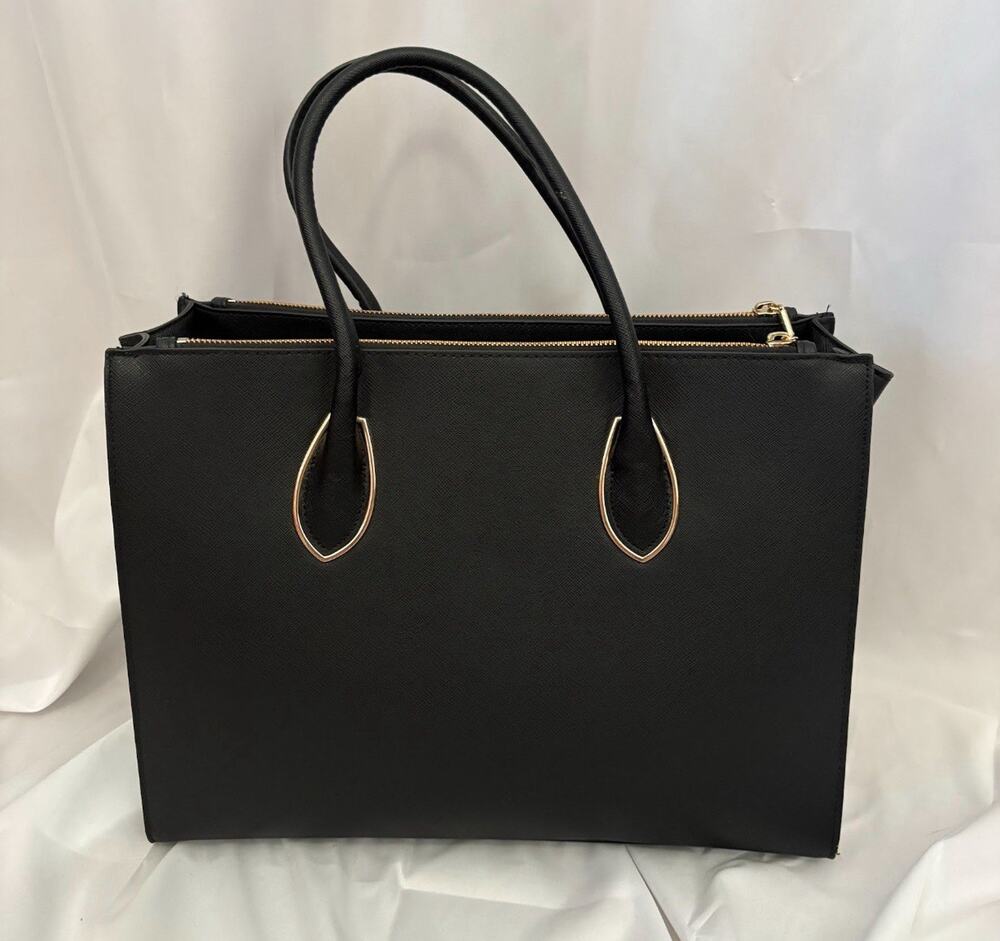 H&M Black Saffiano-Style Faux Leather Tote Handbag - double top-zipper closures